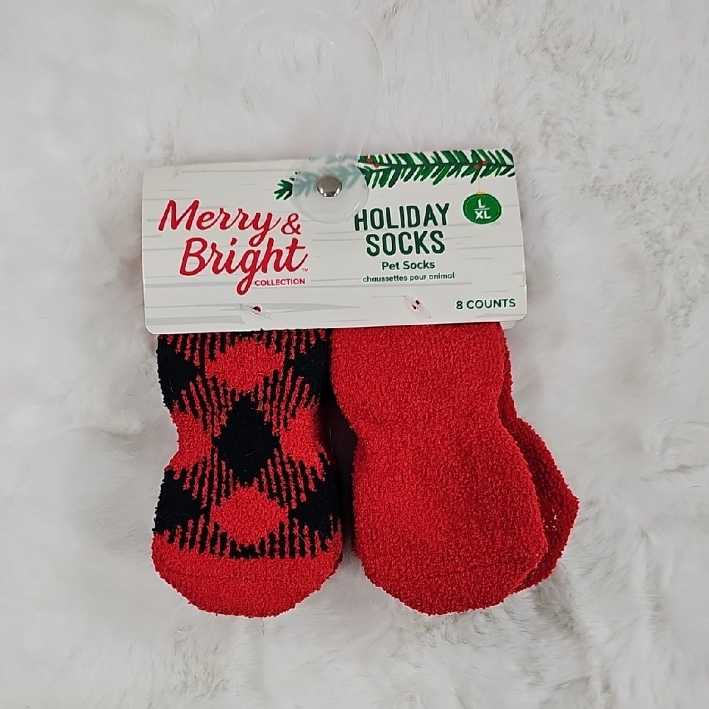 Merry & Bright Holiday Pet Socks 8ct Red/Buffalo Checker